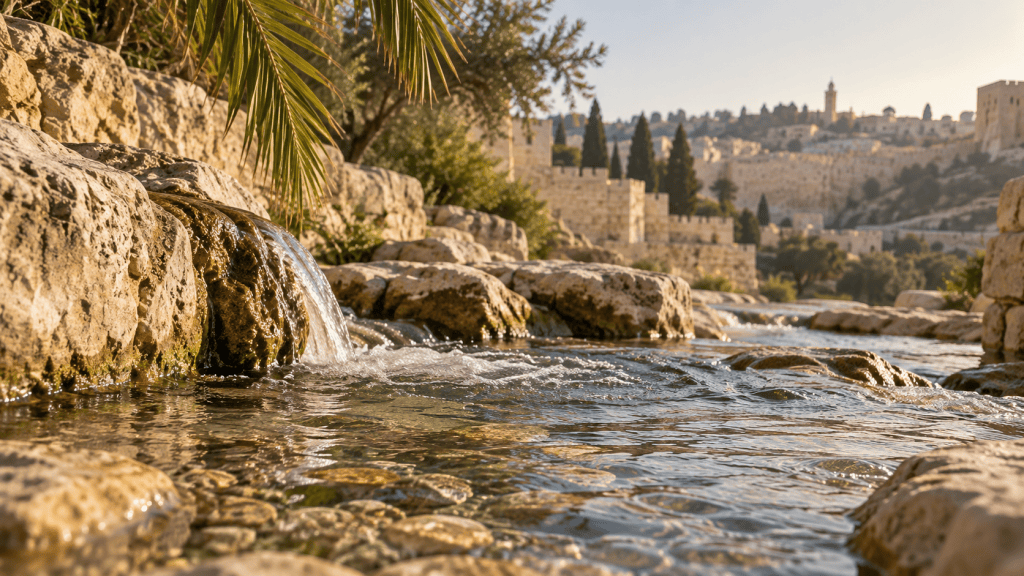 Illustrative stream flowing over Jerusalem limestone at dawn.
